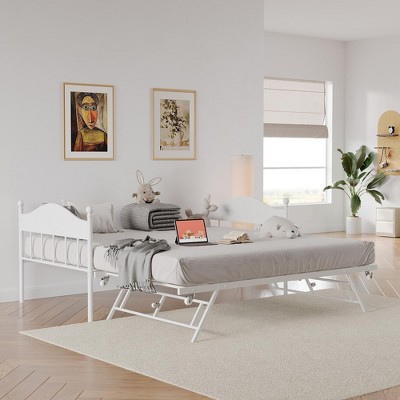 Daybed with Trundle, Metal Twin Size Day Bed with Stylish Headboard, Sofa Bed Frame with Pop Up Foldable Trundle Bed