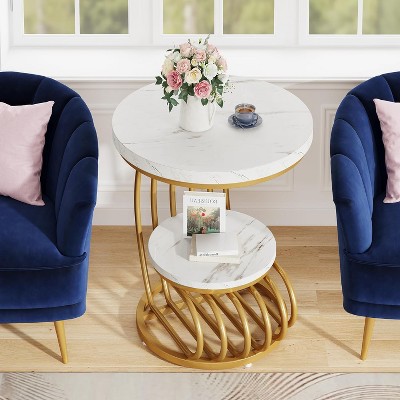 Gold and White Faux Marble Round End Table with Storage Shelf