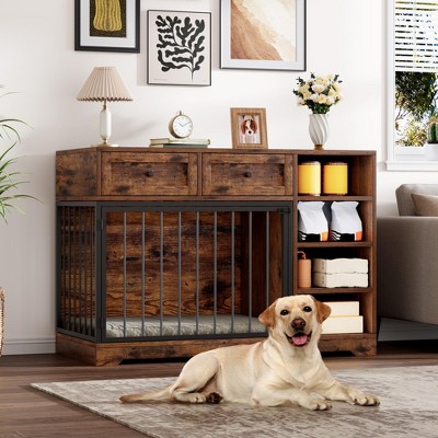 Dog Crate Furniture 47”, Large Dog Crate with 2 Drawers and 4 Shelves