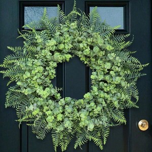 26 inch artificial eucalyptus and ferns wreath gray - green outdoor front door porch farmhouse home hanging decor all seasons - 1 of 4