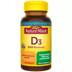Nature Made Vitamin D3 2000 IU (50 mcg) Tablets, Muscle, Teeth, Bone & Immune Support Supplement - 100ct