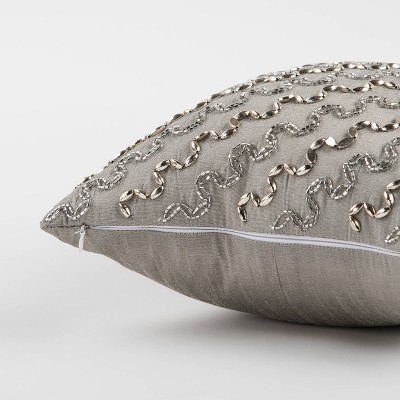 12" x 12" Silver and Light Gray Hand-Beaded Cotton Throw Pillow
