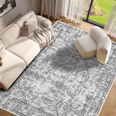 Washable Large Area Rug Vintage Living Room Bedroom Farmhouse Floral Retro Non-Slip Low Pile Distressed Indoor Carpet Home Decor