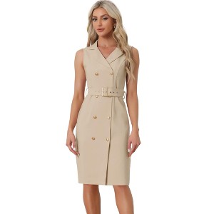 Allegra K Women's Sleeveless V Neck Notched Lapel Double Breasted Belted Work Office Dress - 1 of 4
