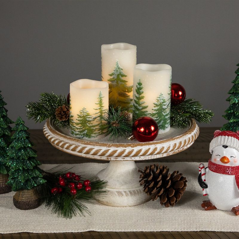 Northlight Set of 3 Flameless Frosted Pines Flickering LED Christmas Wax Pillar Candles 6", 2 of 7