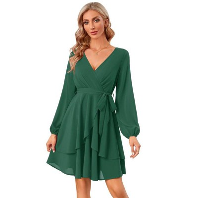 Coolmee Women's Dress Deep V-Neck Long Sleeve Waist Tie Ruffle Mini Swing Skater Dresses