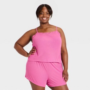 Women's Sheer Lace Trim Ribbed Tank Top and Shorts Pajama Set