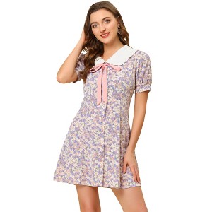 Allegra K Women's Peter Pan Collar Flowy Short Sleeve Ruffle Summer Floral Shirt Dress - 1 of 4