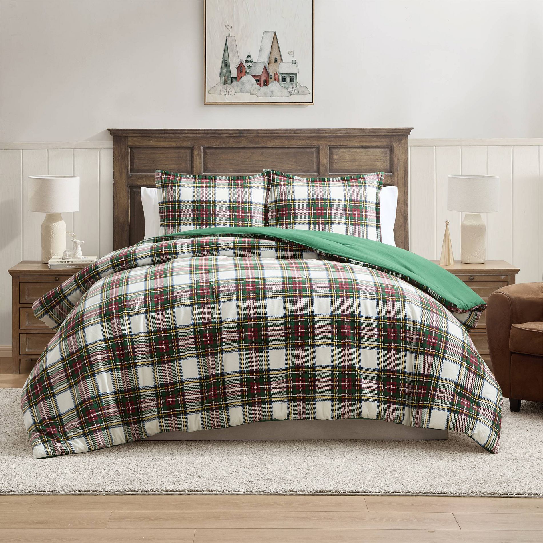 Hallmark Queen Flannel Plaid Comforter Set White