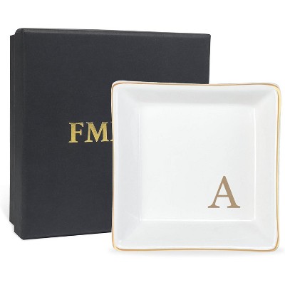 Fmeida Ceramic Jewelry Tray Monogram Decorative Trinket Dish for Rings Earrings Necklaces Bracelet Watch