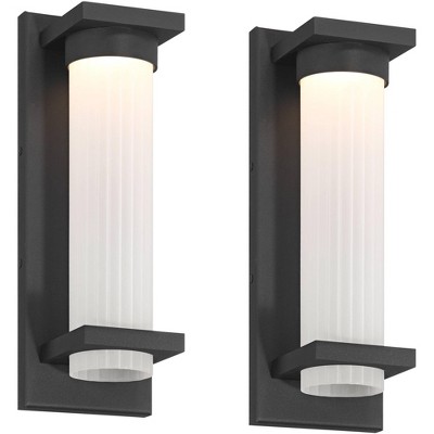 Possini Euro Design Kathleen 14" High Modern Outdoor Wall Light Fixture Mount Porch House Exterior Set of 2 LED Bulb Sand Black Metal Glass Shade