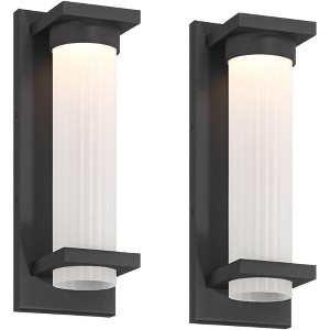 Possini Euro Design Kathleen 14" High Modern Outdoor Wall Light Fixture Mount Porch House Exterior Set of 2 LED Bulb Sand Black Metal Glass Shade - 1 of 4