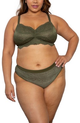 Curvy Couture Women's Luxe Lace Wireless Bralette Olive Night M