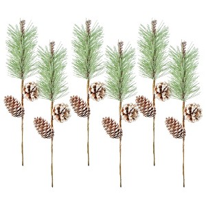 AuldHome Design Pine Cone Picks, 6pk; Frosted Evergreen Christmas Decor Floral Stems - 1 of 4