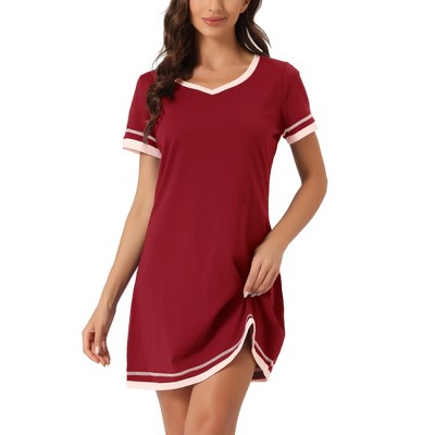 Cheibear Women's V Neck Lace Trim Pajama Sleepdress Nightgown Red