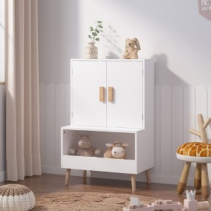 Whisen Kids Toy Storage Cabinet with Doors and Open Shelf, Modern Organizer with Natural Wood Legs - White - 1 of 4