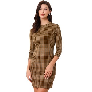Allegra K Women's Mock Neck 3/4 Sleeve Slim Office Work Checked Plaid Dress - 1 of 4