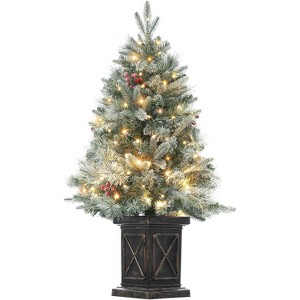 4.5 Ft Pre-Lit Snow Flocked Artificial Christmas Tree with 108 LED Lights, Dual Color Modes, Tabletop Xmas Tree with Red Berries & Pine Cones - 1 of 4