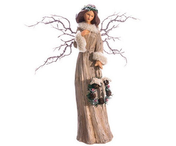 Allstate Floral 15.25" Natural Angel with Frosted Twig Wings and Wreath Table Top Christmas Decoration