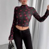Women's Bell Sleeve Boho Printed Crew Neck Mesh Top Crop T Shirt - 2 of 4