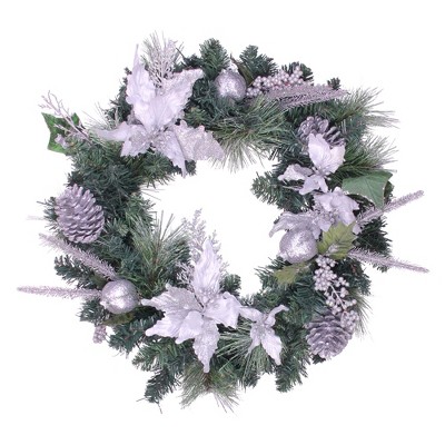 Northlight 24" Unlit Silver Poinsettia and Pinecone Artificial Christmas Wreath