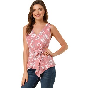 Allegra K Women's Sleeveless V Neck Tie Waist Asymmetric Hem Wrap Peplump Tops - 1 of 4