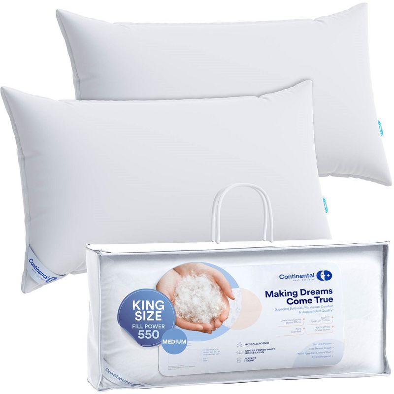 Continental Bedding - 550 Fill Power Medium Goose Down Pillow - Size - Pack of 2, 1 of 4