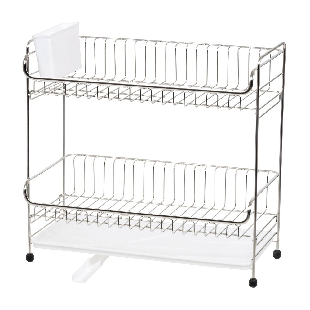 IRIS 2 Tier Stainless Steel Compact Dish Drying Rack with Plastic Drain White