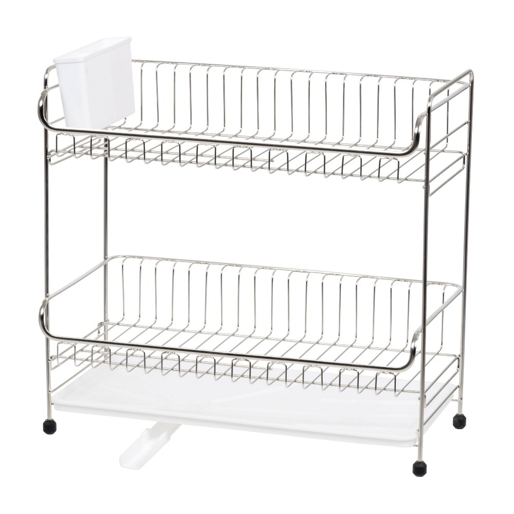 IRIS 2 Tier Stainless Steel Compact Dish Drying Rack with Plastic Drain White