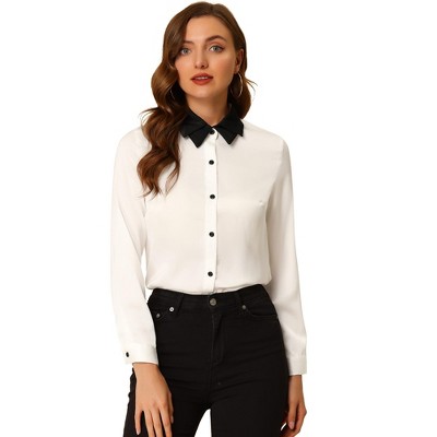 Allegra K Women's Work Long Sleeve Contrast Collar Satin Button Down Shirt