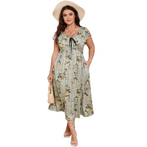 Women's Plus Size Maxi Dress Flutter V Neck Sleeveless Flowy Boho Floral Print Summer Casual Wedding Party Formal Dresses - 1 of 4