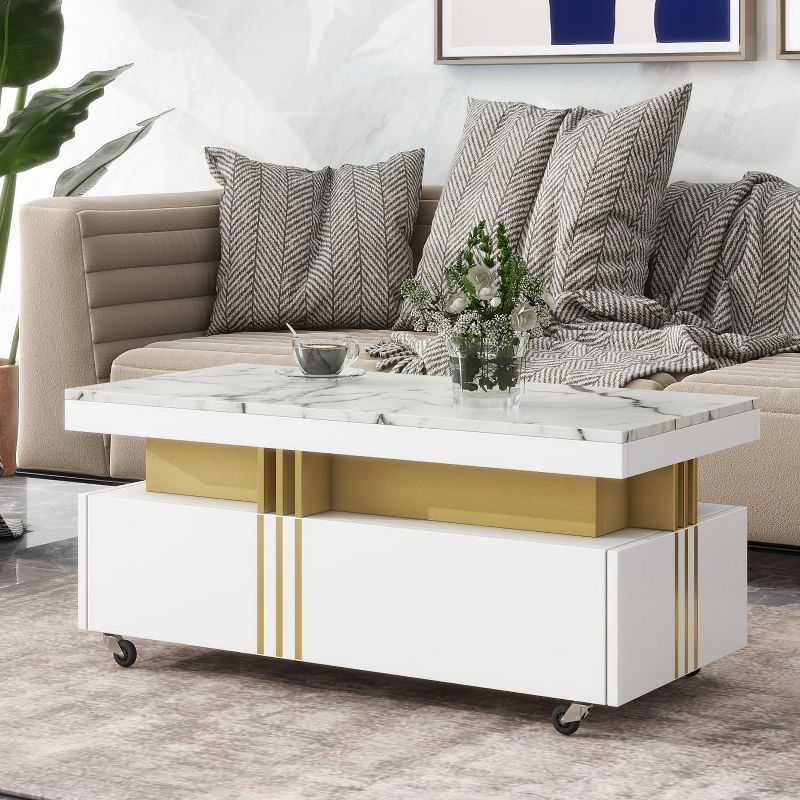Contemporary Design Rectangle Coffee Table with Faux Marble Top, Cocktail Table with Caster Wheels - The Pop Home, 1 of 9