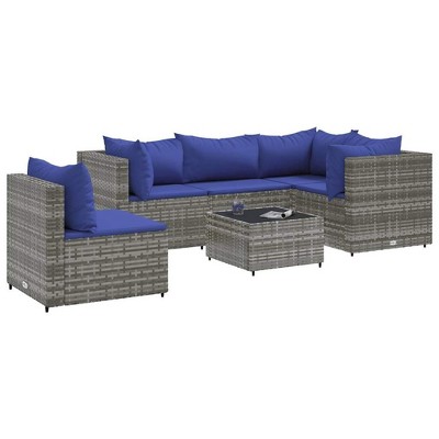 vidaXL Patio Lounge Set with Cushions Sectional Sofa Garden Backyard Poly Rattan - Gray and Blue 3x Corner 2x Middle Table