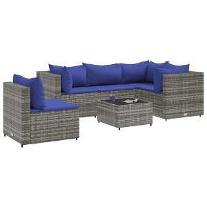 vidaXL Patio Lounge Set with Cushions Sectional Sofa Garden Backyard Poly Rattan - Gray and Blue 3x Corner 2x Middle Table - 1 of 4