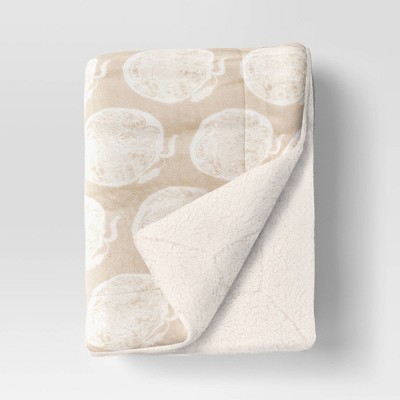 Pumpkin Printed Plush Throw with Faux Shearling Reverse Neutral/Ivory - Threshold™