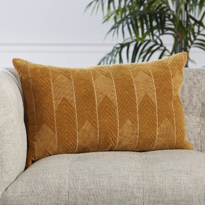 18"x6" Embroidered Chevron Cotton Velvet Lumbar Pillow in Mustard