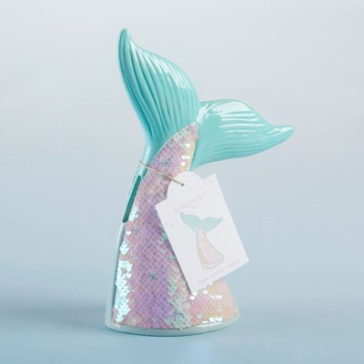 Seafoam Ombre Reversible Sequin Mermaid Tail Porcelain Piggy Bank