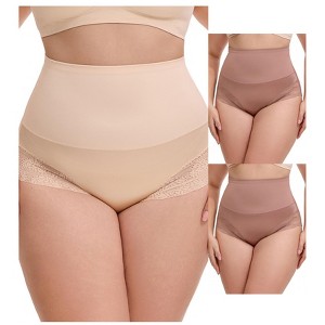 INSPIRE CHIC 3 Packs Women's Lace Trimmed Tummy Control High Waisted Soft Breathable Full Coverage Briefs - 1 of 4