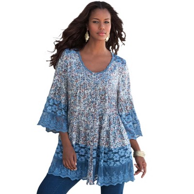 Roaman's Women's Plus Size Illusion Lace Big Shirt, 40 W - Blue Print ...