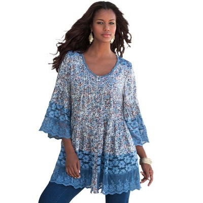 Roaman's Women's Plus Size Illusion Lace Big Shirt