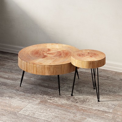 JIONJOY Farmhouse Nesting Coffee Table Set - 2-Piece Round Tables with Stump Pattern