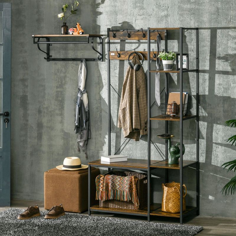 HOMCOM Industrial Hall Tree with Side Storage Shelves, Entryway Bench with Coat Rack, Freestanding Coat Tree with Shoe Storage and Hooks, Rustic Brown, 2 of 7