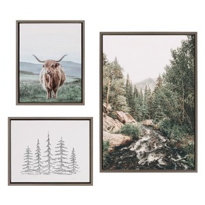 Kate and Laurel Sylvie Meet Me Here, Highland Cow Muted Mountain Landscape and Minimalist Evergreen Trees Sketch Framed Canvas Set by Various Artists - 1 of 4