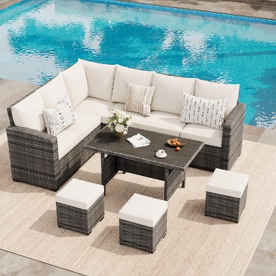 7-Piece Outdoor Patio Furniture Set – Rattan Chairs with Ottoman & Wood Coffee Table, Wicker Sectional Conversation Sofa in Beige