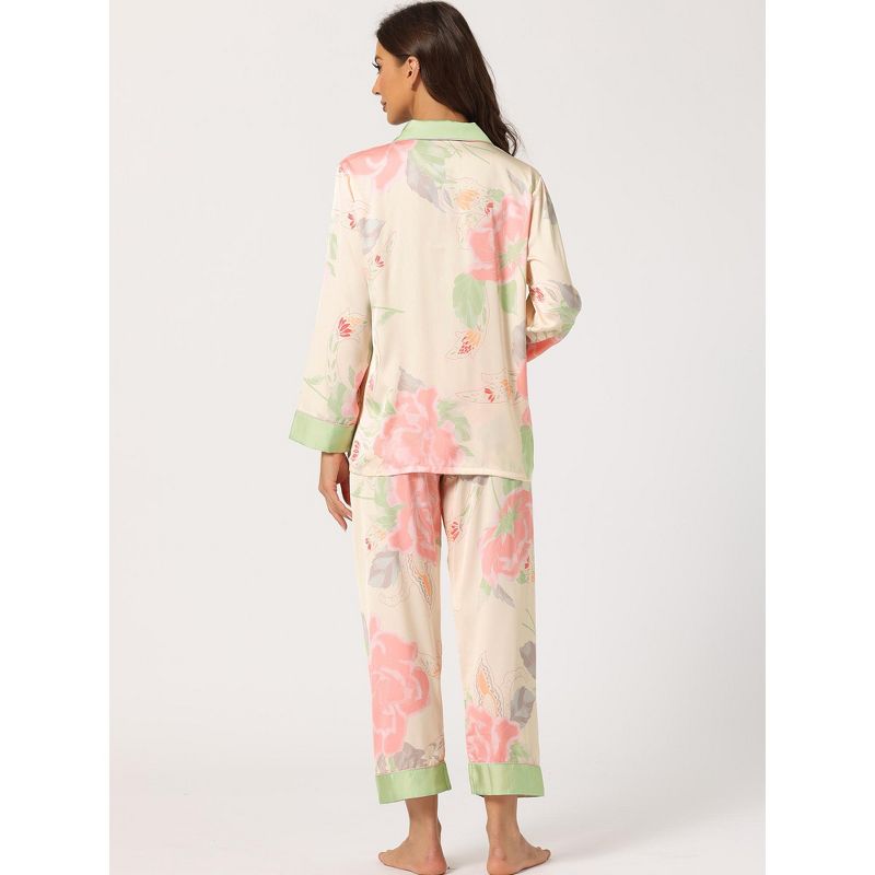 cheibear Women's Satin Floral Long Sleeves Shirts with Pants Lounge Pajama Set, 3 of 6