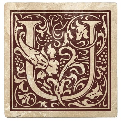 Christmas by Krebs Set of 4 Ivory and Brown "U" Square Monogram Coasters 4"