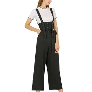 Allegra K Women's High Waist Wide Leg Belted Button Long Overalls Jumpsuit - 1 of 4