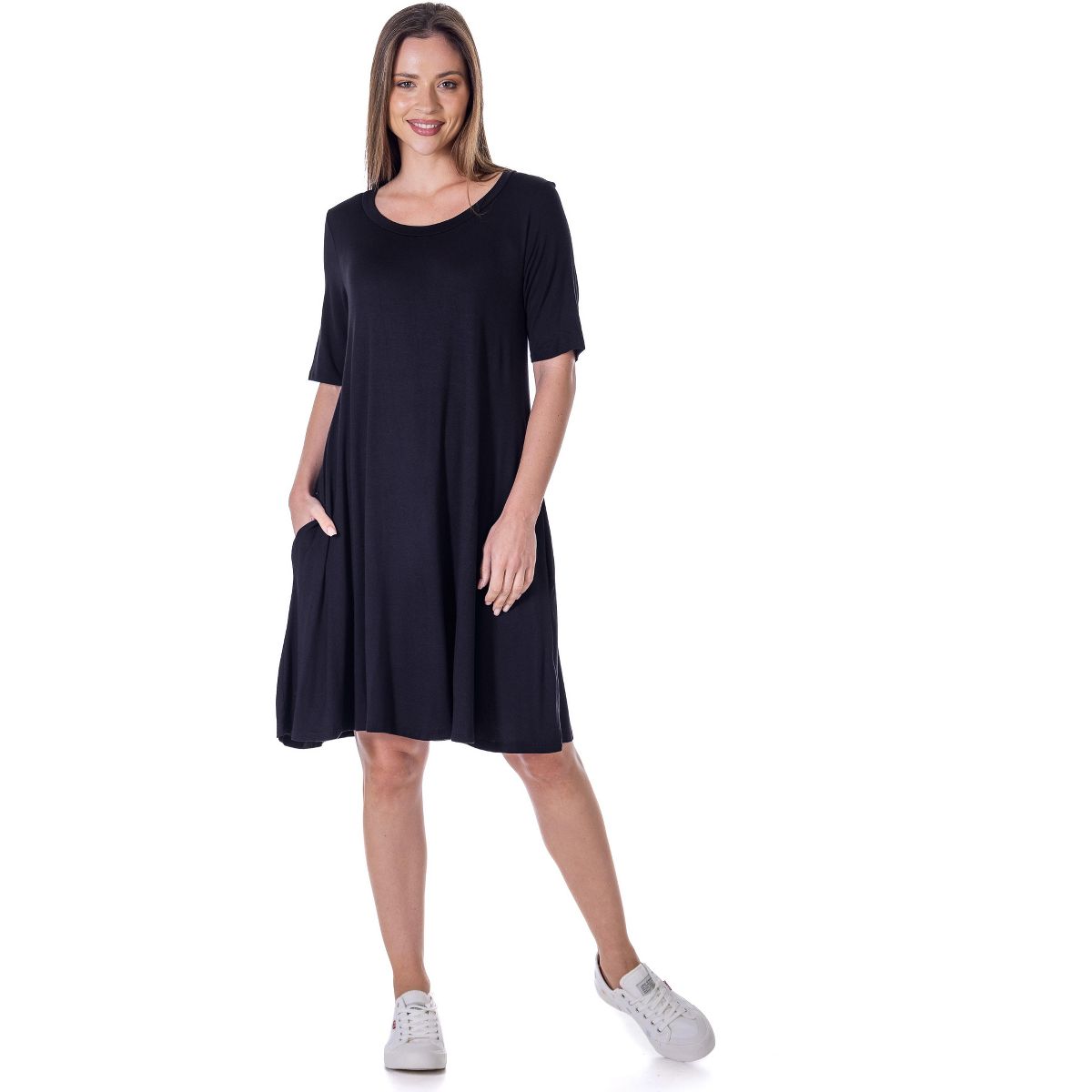 Womens Round Neck Knee Length Soft Flare T Shirt Pocket Dress - 24seven Comfort Apparel™