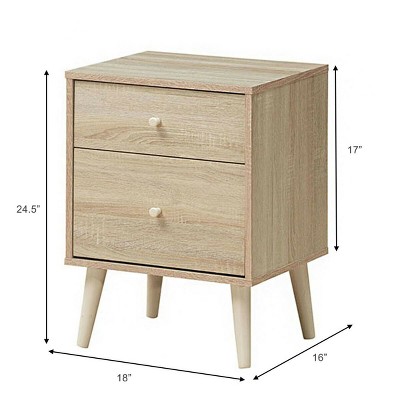 Oak Finish 2-Drawer Nightstand with Rubber Wood Legs
