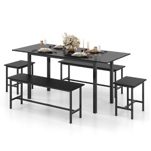 Tangkula 5 PCS Dining Table Set for 4-6 w/ 2 Benches & 2 Stools Metal Frame Dining Room Black - 1 of 4